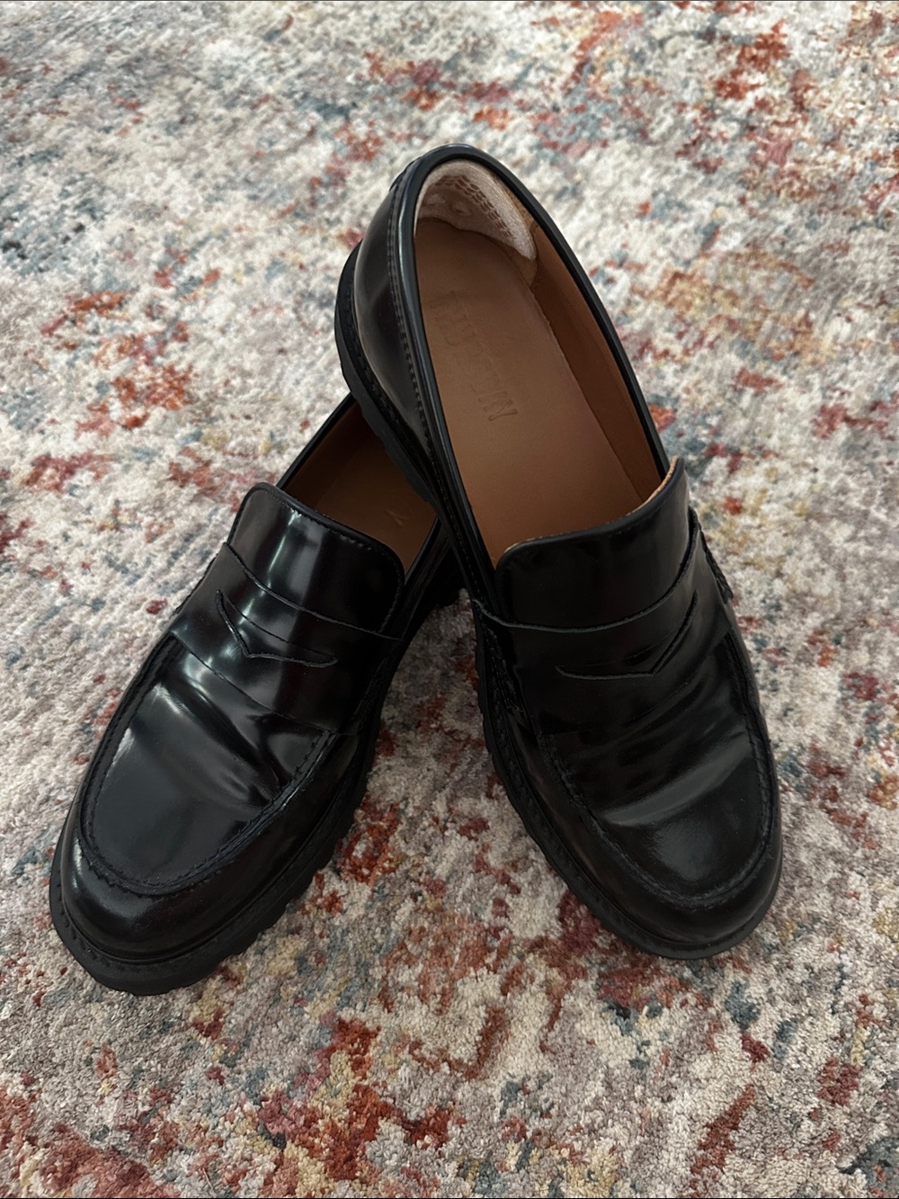 Lug Sole Black Leather Penny Loafers